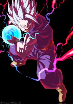 1boy black_background dougi dragon_ball dragon_ball_super dragon_ball_super_broly electricity energy_ball eye_trail full_body gohan_beast highres kamehameha_(dragon_ball) light_trail male_focus muscular muscular_male open_mouth pants powering_up purple_pants purple_shirt red_eyes red_sash sash shirt simple_background solo son_gohan son_gohan_love spiked_hair twitter_username white_hair