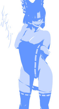 1girl benikurage_(cookie) blue_theme bow breasts commentary_request cookie_(touhou) cowboy_shot cyclops detached_sleeves fang female_pubic_hair frilled_bow frilled_hair_tubes frills hair_bow hair_tubes hakurei_reimu highres looking_at_viewer medium_breasts monochrome nipples no_lineart one-eyed open_mouth panties panty_pull pubic_hair ribbon-trimmed_sleeves ribbon-trimmed_thighhighs ribbon_trim simple_background skin_fang smile solo thighhighs touhou ukiwagirl underwear