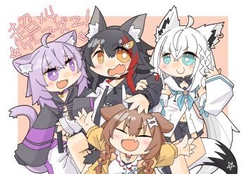 4girls ahoge and_takashi animal_ear_fluff animal_ears aqua_eyes ascot black_hair black_hoodie black_shorts blue_ascot border braid brooch brown_hair cat_ears cat_girl cat_tail choker closed_eyes closed_mouth commentary_request deformed detached_sleeves facing_viewer fang feet_out_of_frame fox_ears fox_girl fox_tail hair_ornament hairclip happy highres hololive hololive_gamers hood hoodie inugami_korone inugami_korone_(1st_costume) jewelry looking_at_another multicolored_hair multiple_girls navel nekomata_okayu nekomata_okayu_(1st_costume) ookami_mio ookami_mio_(1st_costume) open_mouth purple_eyes purple_hair shirakami_fubuki shirakami_fubuki_(1st_costume) shirt shorts simple_background single_braid skin_fang smile streaked_hair tail translation_request twintails virtual_youtuber wavy_mouth white_border white_hair white_shirt wolf_ears wolf_girl wolf_tail yellow_eyes