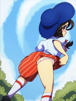 1girl ass back backpack bag black_footwear blush braid brown_eyes brown_hair character_print clenched_hands collared_shirt cubone day dedenne eevee embarrassed euf-dreamer exhibitionism eyelashes female_focus fingernails flat_chest from_behind from_below gen_1_pokemon gen_2_pokemon gen_4_pokemon gen_6_pokemon hair_ornament hat highres juliana_(pokemon) legs lifting_own_clothes long_hair looking_at_viewer looking_back matching_hair/eyes naranja_academy_school_uniform nature neck necktie nintendo orange_necktie orange_shorts outdoors panties piplup pokemon pokemon_print pokemon_sv print_panties profile public_indecency shiny_skin shirt shoes short_sleeves shorts side_braid sky socks source_request spread_legs standing swept_bangs thighs turning_head underwear unworn_backpack unworn_bag upshorts white_panties white_shirt xatu