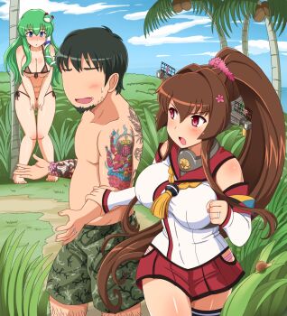 10s 1boy 2girls arm_grab artist_self-insert bad_id bad_pixiv_id bare_shoulders bikini black_bikini blue_eyes breasts cheating_(relationship) cherry_blossoms cleavage coconut_tree crossover day detached_sleeves frog_hair_ornament green_hair hair_ornament hair_tubes highres jewelry kantai_collection kochiya_sanae large_breasts long_hair multiple_girls palm_tree panties ponytail purple_eyes ring shin'en-san_(shin'en) shin'en_(gyokuro_company) shorts single_thighhigh skirt snake_hair_ornament striped_clothes striped_panties sweatdrop swimsuit tattoo tears thighhighs touhou tree underwear very_long_hair wedding_band wedding_ring yamato_(kancolle)