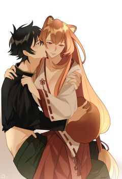 1boy 1girl absurdres animal_ear_fluff animal_ears black_hair black_shirt blush breasts brown_hair chinese_commentary collarbone collared_shirt commentary commentary_request couple dice657523 english_commentary green_eyes green_pants hair_between_eyes hakama hakama_skirt hand_on_another's_arm hands_on_another's_shoulder hetero high_collar highres holding_another's_tail iwatani_naofumi japanese_clothes kosode long_hair medium_breasts messy_hair mixed-language_commentary official_alternate_costume open_mouth pants parted_lips pink_eyes raccoon_ears raccoon_girl raccoon_tail raphtalia red_hakama red_ribbon red_skirt ribbon ribbon-trimmed_sleeves ribbon_trim shirt short_hair signature simple_background skirt stomach straight_hair tail tate_no_yuusha_no_nariagari white_background white_kosode