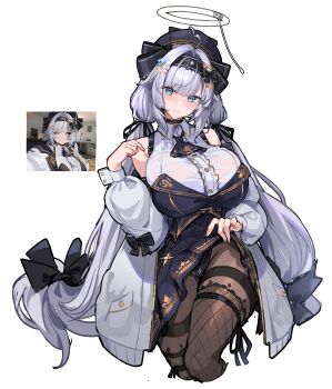 1girl absurdres black_bow black_choker black_hat black_pantyhose black_skirt blue_eyes blush bow breasts buttons center_frills chest_harness choker closed_mouth clothes_lift collared_shirt commentary_request covered_groin dress fishnets frills game_screenshot_inset gold_trim gu_luco hair_intakes hair_tie halo harness hat head_tilt headband high-waist_skirt highres jacket large_breasts long_hair long_sleeves looking_at_viewer low-tied_long_hair low_twintails original pantyhose print_dress puffy_sleeves reference_inset screenshot_inset shirt sidelocks simple_background single_fishnet_legwear skirt skirt_lift sleeve_cuffs solo standing thighband_pantyhose thighs twintails very_long_hair vrchat white_background white_hair white_halo white_jacket white_shirt wrist_cuffs