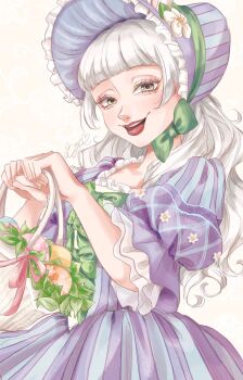 1girl basket brown_eyes character_request commentary disneyland dress flower happy highres holding long_hair looking_at_viewer minnie_d18 open_mouth purple_dress simple_background smile solo symbol-only_commentary white_hair