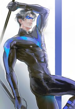 1boy ass bara batman_(series) baton_(weapon) black_bodysuit black_hair blue_bodysuit bodysuit covered_abs dc_comics dick_grayson domino_mask eye_mask highres holding holding_weapon koumikoumi69 large_pectorals male_focus mask multicolored_bodysuit muscular muscular_male nightwing pectorals short_hair solo superhero_costume two-tone_bodysuit weapon
