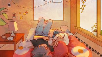 2girls angela_he barefoot bedroom black_shirt day denim denim_shorts fairy_lights feet_up full_body grey_hair highres hugging_object indoors jeans lamp long_hair looking_at_another lying missed_messages multiple_girls non-web_source official_art on_back pants pink_hair plant potted_plant shirt shorts t-shirt talking transparent_background variant_set white_shirt window_light