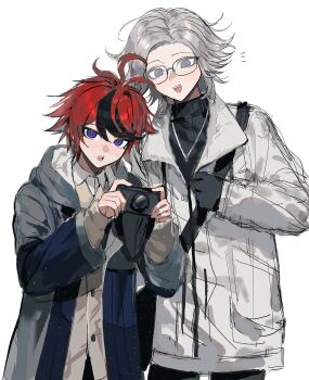 2boys adapted_costume antenna_hair aotsuki_eito black_gloves black_hair black_pants black_sweater blue_coat blue_eyes brown_cardigan buttons camera cardigan chinese_commentary coat collared_shirt commentary_request fang glasses gloves grey_coat grey_hair hair_between_eyes height_difference highres holding holding_camera hood hooded_coat jewelry long_sleeves male_focus multicolored_coat multicolored_hair multiple_boys necklace notice_lines open_clothes open_coat open_mouth pants red_hair shirt short_hair simple_background sleeves_past_wrists smile streaked_hair sumino_takumi sweater syuu_1125 teeth the_hundred_line_-last_defense_academy- tsurime turtleneck turtleneck_sweater two-tone_coat two-tone_hair upper_teeth_only white_background white_coat white_shirt wing_collar