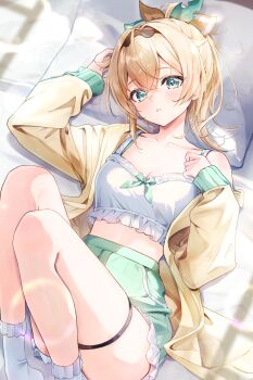 1girl ahoge aqua_eyes aqua_shorts black_hairband blonde_hair bra_strap breasts camisole cleavage commentary_request crop_top crossed_bangs double-parted_bangs frilled_camisole frilled_shorts frilled_socks frills hairband head_on_pillow high-waist_shorts highres hololive jacket kazama_iroha knees_up looking_at_viewer lying medium_breasts medium_hair midriff no_shoes on_back parted_lips pillow ponytail shorts single_off_shoulder socks solo thigh_strap virtual_youtuber white_camisole white_socks yellow_jacket yuki_haru