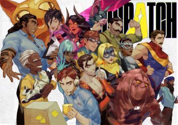 5girls 6+boys animal_ears arm_tattoo bat_boy bat_ears beard beef_(dispatch) black_hair blonde_blazer blonde_hair blue_suit blue_turban brown_hair chase_(dispatch) colored_skin commentary copyright_name coupe_(dispatch) cup dark-skinned_female dark-skinned_male dark_skin demon_girl demon_horns dispatch dog earphones english_commentary facial_hair flambae_(dispatch) flexing formal_clothes galen_(dispatch) goggles golem_(dispatch) hands_on_own_hips headset highres holding holding_cup holding_sword holding_weapon horns invisigal kilgaaaaaarra looking_at_another looking_to_the_side malevola_(dispatch) monitor mr_whiskey_(dispatch) multicolored_hair multiple_boys multiple_girls mustache over_shoulder phenomaman ponytail prism_(dispatch) punch_up_(dispatch) red_skin robert_robertson royd_(dispatch) sonar_(dispatch) sticky_note suit superhero_costume sweater sword sword_over_shoulder tattoo waterboy_(dispatch) weapon weapon_over_shoulder white_background white_hair yellow_sweater