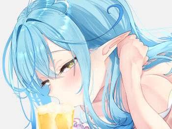 1girl ahoge alcohol beer blue_hair close-up commentary_request drinking fellatio froth half-closed_eyes heart heart_ahoge highres hololive light_blush long_hair looking_at_viewer oral overflowing pointy_ears sexually_suggestive shiki_olie simple_background simulated_fellatio solo spilling suggestive_fluid tucking_hair virtual_youtuber white_background yellow_eyes yukihana_lamy