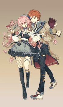 Rule 34 | 1girl, black boots, black thighhighs, book, boots, bow, breasts, brown jacket, cherry blossoms, commentary, couple, dress, emiya shirou, fate/stay night, fate (series), flower, full body, gaoyue jixiang, groom, hair bow, highres, jacket, knee boots, momomiya shizuku (gaoyue jixiang), oc x canon, open book, original, pastels, pink flower, ribbon, skirt, smile, standing, thighhighs, untranslatable commentary, yumejoshi