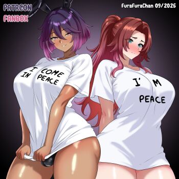 Rule 34 | 2girls, absurdres, black panties, blue eyes, blush, breasts, brown eyes, bulge, closed mouth, clothes writing, commentary, dark-skinned female, dark skin, double-parted bangs, english commentary, furafurachan, futanari, hair between eyes, highres, large breasts, looking at viewer, looking down, matching outfits, multiple girls, original, panties, parted lips, pink eyes, purple background, purple hair, shirt, shirt tug, short hair, short sleeves, smile, underwear, white shirt