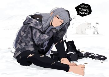 2girls absurdres ak-12_(faint_light_of_furthest_day)_(girls&#039;_frontline) ak-12_(girls&#039;_frontline) ak-15_(girls&#039;_frontline) animal barefoot bear black_pants boots boxing_gloves camouflage camouflage_jacket closed_eyes commentary english_commentary english_text feet full_body girls&#039;_frontline grey_hair highres hood hooded_jacket jacket long_hair multiple_girls official_alternate_costume open_mouth pants parted_lips snow speech_bubble toes torn_clothes torn_pants unworn_boots white_background zanqi