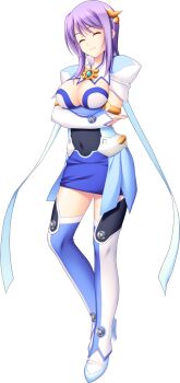 1girl ^_^ blue_thighhighs boots breasts bridal_gauntlets brooch chest_jewel cleavage closed_eyes covered_navel crossed_arms dress elbow_gloves full_body game_cg gloves hair_ornament high_heels highres holy_rouge jewelry large_breasts large_variant_set long_hair magical_girl miniskirt nerawareta_megami_tenshi_angel_tear non-web_source official_art purple_hair shizumi_suzune short_dress skirt smile solo standing tachi-e thigh_boots thighhighs transparent_background tsukumo_kazuita variant_set zettai_ryouiki