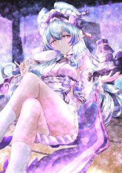 1girl blue_hair crossed_legs detached_sleeves frilled_hairband frills genshin_impact hairband hand_fan highres holding holding_fan indoors japanese_clothes kimono long_hair looking_at_viewer maid nakura_haru pink_kimono pink_sleeves pointy_ears purple_eyes sitting sleeve_bow smile socks solo tail tapir_girl tapir_tail wa_maid white_socks yumemizuki_mizuki