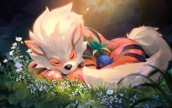 Rule 34 | animal focus, arcanine, closed eyes, closed mouth, contest winner, flower, gen 1 pokemon, grass, nintendo, no humans, oddish, official art, pink flower, pokemon, pokemon (creature), pokemon focus, pokemon tcg, ross tran, second-party source, sleeping, smile, white flower