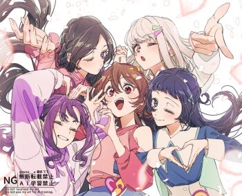 5girls aoi_tete aokaze_nana artist_logo black_hair blonde_hair blowing_kiss blue_eyes blue_hair blunt_bangs blush braid brown_hair choker closed_eyes falling_petals finger_gun floating_hair fortissimo hair_between_eyes hair_ornament hair_tie hairpin half_up_hair_twist headband heart heart_hands heart_pouch highres holding_hands hood hoodie kimi_to_idol_precure logo long_hair long_sleeves multiple_girls musical_note musical_note_hair_ornament off-shoulder_shirt off_shoulder one_eye_closed open_mouth parted_bangs petals pink_petals precure purple_eyes purple_hair red_eyes ribbon_choker sakura_uta_(precure) see-through_cardigan shigure_kokoro shirt smile sweater tanaka_meron tanaka_purin twintails upper_body watermark