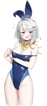 Rule 34 | 1girl, animal ears, blue one-piece swimsuit, bow, bowtie, breasts, cleavage, commentary request, competition swimsuit, cowboy shot, fake animal ears, green eyes, grey hair, highleg, highleg one-piece swimsuit, highres, looking at viewer, medium breasts, one-piece swimsuit, original, playboy bunny swimsuit, rabbit ears, simple background, solo, sparkling yudofu, strap slip, swimsuit, white background, yellow bow, yellow bowtie