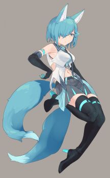 1girl blue_eyes blue_hair boots breasts brown_background commentary_request elbow_gloves fox_girl gloves hair_over_one_eye high_heel_boots high_heels highres korigitsune medium_breasts multicolored_gloves multiple_tails navel original pleated_skirt short_hair simple_background skirt solo tail thigh_boots two-tone_gloves two-tone_skirt