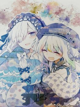 2girls :d ^_^ beret black_jacket blue_hairband closed_eyes eyes_visible_through_hair frilled_sleeves frills gothic_lolita hair_over_one_eye hairband hat highres hug jacket jogasaki_noah lolita_fashion lolita_hairband long_hair long_sleeves looking_at_another mahou_shoujo_no_majo_saiban multi-tied_hair multicolored_hair multiple_girls natsume_an-an neck_ribbon open_mouth otomebakudan ribbon sleeves_past_fingers sleeves_past_wrists smile streaked_hair traditional_media white_hair