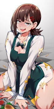 1girl apron bayeuxman breasts brown_eyes brown_hair bun burger chainsaw_man crying feet_out_of_frame food gradient_background hair_ornament higashiyama_kobeni highres kneeling lettuce medium_breasts mole mole_under_eye mole_under_mouth open_mouth shirt smile tears tomato tray waitress wet