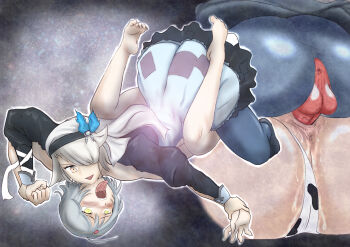 2girls anus ass bad_id bad_pixiv_id blue_pantyhose chaos_karen_(grimms_notes) chaos_match_girl_(grimms_notes) cow_print cow_print_bikini futanari grimms_notes holding_another's_wrist king_dakoras mating_press multiple_girls multiple_views pantyhose print_bikini rape sex