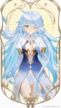1girl artist_name blue_eyes blue_hair closed_mouth dress focalors_(genshin_impact) furina_(genshin_impact) henshin highres long_hair looking_at_viewer naglus smile solo