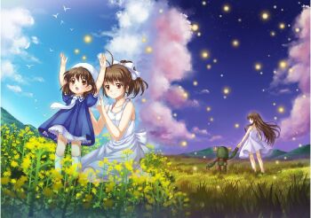Rule 34 | 00s, 3girls, bow, brown eyes, brown hair, clannad, cloud, dress, flower, furukawa nagisa, garbage doll, girl from the illusionary world, grass, hair bow, hat, mafelili, multiple girls, okazaki ushio, robot, sailor dress, school uniform, short hair, sky, sundress