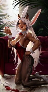 166_172 1girl :q alcohol animal_ears bare_shoulders black_hairband black_pantyhose blush boku_no_hero_academia bow bowtie breasts cake cleavage commentary couch covered_abs covered_navel dark-skinned_female dark_skin detached_collar english_commentary fake_antlers food food_on_face fur-trimmed_leotard fur_trim hairband hand_on_own_hip high_heels highres holding holding_cake holding_food indoors kneeling large_breasts leotard licking_own_face long_eyelashes long_hair looking_at_viewer marble_(stone) marble_floor mirko nail_polish pantyhose parted_bangs plant playboy_bunny potted_plant rabbit_ears rabbit_girl red_bow red_bowtie red_eyes red_leotard red_nails red_wine shoes solo spill strapless strapless_leotard strawberry_cake thighs toned toned_female tongue tongue_out very_long_hair white_hair white_shoes white_wrist_cuffs wine wrist_cuffs
