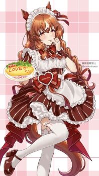 Rule 34 | 1girl, animal ears, apron, blush, bow, breasts, brown hair, dress, food, hair between eyes, hair ornament, hair ribbon, headdress, heart, holding, holding plate, horse ears, horse girl, horse tail, ketchup, long hair, looking at viewer, maid headdress, matuda (matudayazo), omelet, omurice, plate, red bow, red eyes, red ribbon, ribbon, shoes, short sleeves, smile, solo, still in love (umamusume), tail, thighhighs, umamusume, white apron, white headdress, white thighhighs