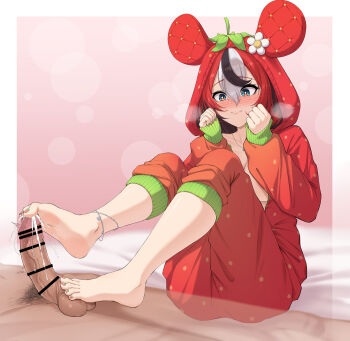 1boy 1girl animal_ear_fluff animal_ears anklet arms_up bar_censor barefoot bed black_hair black_streaks blue_eyes blush braid breasts caressing_testicles censored clenched_hands commentary cum cum_on_body cum_on_feet double-parted_bangs feet food footjob fruit full-face_blush hair_between_eyes hakos_baelz hakos_baelz_(strawberry_onesie) highres hololive hololive_english hood hooded_pajamas hui_yu jewelry male_pubic_hair medium_breasts mouse_ears multicolored_hair nail_polish on_bed onesie pajamas penis precum pubic_hair red_hair red_pajamas see-through_body sitting steam strawberry testicles toenail_polish toenails twitching_penis virtual_youtuber white_hair