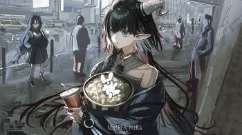 1girl black_hair city coke drink food gawako horns long_hair original pointy_ears popcorn road street very_long_hair