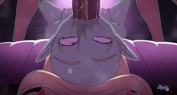 1boy 1girl animated bed blonde_hair blue_skin breasts colored_skin completely_nude d-art deepthroat dragon_ball dragon_ball_daima erection excessive_saliva fellatio irrumatio legs loli nipples nude on_bed oral pansy_(dragon_ball_daima) penis purple_eyes rolling_eyes saliva small_breasts sound tagme testicles thighs twintails video