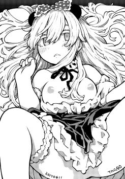Rule 34 | 1girl, bare shoulders, blush, breasts, dress, greyscale, hen zemi, highres, horns, long hair, looking at viewer, lying, makiko gregory, monochrome, solo, tagro, twitter username