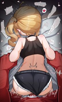 1boy 1girl absurdres all_fours arm_held_back ass back bare_shoulders belt big_daddy_(zenless_zone_zero) black_shorts blonde_hair blush body_blush choker clothed_sex clothing_aside colored_skin crop_top denim ear_blush english_text facing_away from_behind gician_l heart hetero highres holding_another's_arm loli long_hair luciana_de_montefio male_pubic_hair on_bed plap pubic_hair red_skin scar scar_on_arm sex sex_from_behind short_shorts shorts shorts_aside side_ponytail solo_focus spoken_heart studded_belt sweat vaginal white_pubic_hair zenless_zone_zero