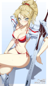 1girl armor bikini blonde_hair border breasts collarbone commentary english_commentary fate/grand_order fate_(series) front-tie_bikini_top front-tie_top gradient_background green_eyes highres holding holding_sword holding_weapon leg_armor looking_at_viewer mordred_(fate) navel orouu ponytail red_bikini shoulder_armor side-tie_bikini_bottom signature sitting small_breasts solo string_bikini swimsuit sword weapon wet white_border