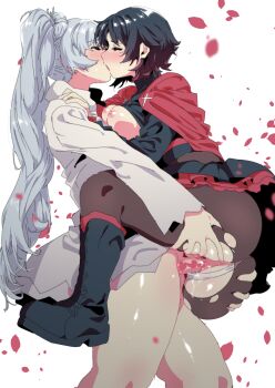 1futa 1girl absurdres black_hair blue_eyes blush boots breasts cape censored clothed_sex dress ecoman futa_with_female futanari grabbing_another's_ass groping heart heart_censor highres kiss lifting_person long_hair medium_breasts multicolored_hair panties pantyhose penis petals pussy red_hair rose_petals ruby_rose rwby sex standing standing_sex suspended_congress thighs torn_clothes underwear vaginal weiss_schnee white_background
