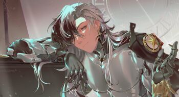 1boy archionturkey arm_guards arm_pillow armor black_eyes black_hair boothill_(honkai:_star_rail) breastplate curtained_hair earrings elbow_rest hair_over_shoulder hand_up head_rest head_tilt highres honkai:_star_rail honkai_(series) jewelry joints leaning long_hair looking_at_viewer male_focus mechanical_arms mechanical_hands multicolored_hair red_pupils robot_joints shoulder_armor smile solo two-tone_hair upper_body white_hair