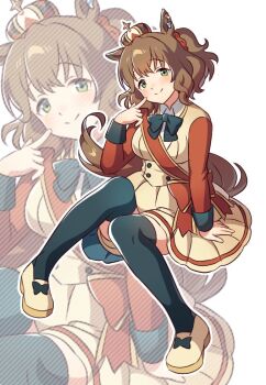1girl animal_ears aston_machan_(flare)_(umamusume) aston_machan_(umamusume) black_bow black_bowtie black_thighhighs blush bow bowtie breasts brown_hair closed_mouth com_draw_ouo crown ear_ornament green_eyes hair_between_eyes hair_ornament hair_scrunchie horse_ears horse_girl horse_tail large_breasts long_sleeves looking_at_viewer medium_hair mini_crown red_sash red_scrunchie red_sleeves sash scrunchie shirt shoulder_sash simple_background skirt smile tail thighhighs tilted_headwear umamusume zoom_layer