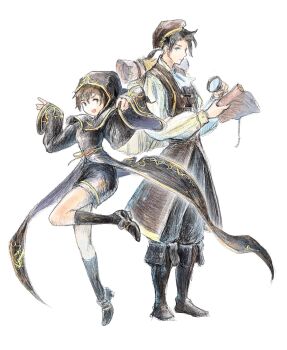 1boy 1girl backpack bag black_capelet black_hood blue_eyes brown_hat capelet commentary_request cyrus_albright hair_between_eyes hat highres holding holding_map map octopath_traveler octopath_traveler_i official_alternate_costume qqqqqli simple_background smile standing standing_on_one_leg tressa_(octopath_traveler) tressa_colzione white_background