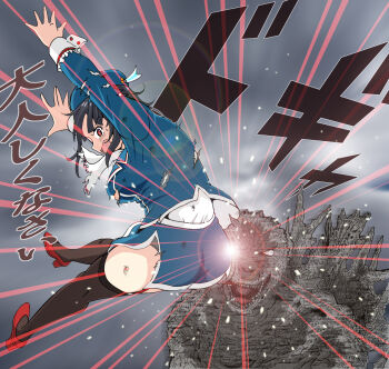 1boy 1girl artist_request ascot ass attack beret black_gloves black_hair black_scales blush breasts crossover dress explosion face_in_ass flat_cap giant giant_monster giantess gloves godzilla godzilla_(series) godzilla_minus_one hat hip_attack injury jumping kaiju kantai_collection large_breasts looking_at_another military_uniform motion_blur open_mouth red_eyes sharp_teeth short_hair skirt spines sweat takao_(kancolle) tears teeth toho torn_clothes translation_request