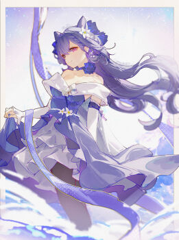 Rule 34 | 1girl, bare shoulders, cone hair bun, detached sleeves, double bun, dress, flower, genshin impact, hair bun, hair ears, hair flower, hair ornament, highres, keqing (genshin impact), keqing (resplendent feast) (genshin impact), long hair, looking at viewer, off-shoulder dress, off shoulder, official alternate costume, openvl, pantyhose, purple dress, purple eyes, purple hair, smile, solo, white sleeves