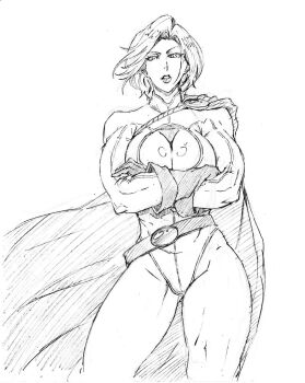 1girl belt blonde_hair blue_eyes blue_gloves breasts cape cleavage cleavage_cutout clothing_cutout dc_comics gloves greyscale hair_between_eyes highleg highleg_leotard kubo_tite_(style) large_breasts leotard long_sleeves looking_at_viewer monochrome open_mouth power_girl power_girl_(1976_costume) rakusakugk red_belt red_cape short_hair simple_background sketch sleeved_leotard solo superhero_costume superman_(series) white_background white_leotard