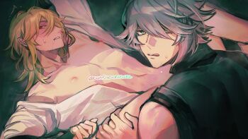 2boys alhaitham_(genshin_impact) bare_shoulders black_shirt blonde_hair confusearanara genshin_impact green_eyes grey_hair highres kaveh_(genshin_impact) looking_at_viewer male_focus multiple_boys nipples open_clothes red_eyes red_pupils saliva shirt tongue tongue_out white_shirt yaoi