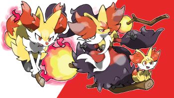 animal_ear_fluff blacknirrow braixen closed_mouth cloud commentary delphox evolutionary_line fangs fennekin fire gen_6_pokemon highres mega_delphox mega_pokemon nintendo open_mouth orange_eyes outline pokemon pokemon_(creature) pokemon_focus riding simple_background smile stick two-tone_background white_outline