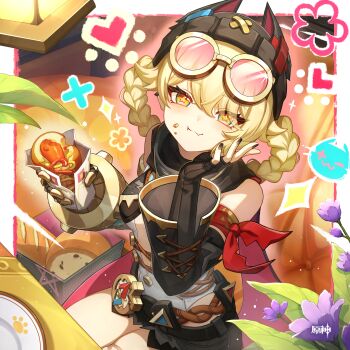 1girl :t absurdres arm_scarf bare_shoulders black_gloves black_hat black_nails blonde_hair braid braided_hair_rings chinese_commentary commentary_request eyewear_on_head fang fang_out fingerless_gloves flower food food_on_face genshin_impact glint gloves hair_rings hand_up hat heart highres holding holding_food hot_dog jahoda_(genshin_impact) looking_at_viewer nail_polish official_art purple_flower short_hair sitting skin_fang smile solo sunglasses yellow_eyes