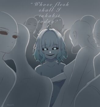 ahoge aqua_eyes aqua_hair black_sclera blunt_bangs breasts closed_eyes colored_sclera colored_skin commentary convenient_censoring crowd english_commentary english_text evil_smile ghost gradient_hair highres indie_virtual_youtuber jess75 looking_at_viewer medium_hair mint_fantome multicolored_hair nude pointy_ears small_breasts smile virtual_youtuber white_hair white_skin