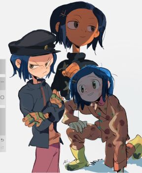 1girl arrcticc_fish black_jacket blue_hair boots chinese_commentary commentary_request coraline_(movie) coraline_jones crossed_arms freckles green_eyes grey_background highres jacket mittens multiple_views on_one_knee pajamas short_hair simple_background