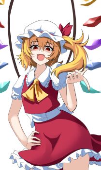 1girl absurdres aikir_(jml5160) ascot blonde_hair bow commentary crystal empty_eyes evil_grin evil_smile fangs flandre_scarlet gesugao grin hair_between_eyes hand_on_own_hip hand_up hat hat_ribbon highres long_hair looking_at_viewer mob_cap multicolored_wings one_side_up open_mouth partially_shaded_face puffy_short_sleeves puffy_sleeves red_eyes red_skirt red_vest ribbon shirt short_hair short_sleeves simple_background skirt skirt_set slit_pupils smile solo touhou upper_body vampire vest white_background white_hat wings yellow_ascot