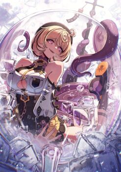 1girl absurdres bare_shoulders black_hat black_socks blonde_hair breasts detached_sleeves hat highres kneehighs kuroi_susumu large_breasts long_sleeves mole mole_under_mouth monster_girl open_mouth scylla second-party_source short_hair smile socks solo teeth tentacle_girl tentacle_tail tentacles upper_teeth_only yidhari_murphy zenless_zone_zero